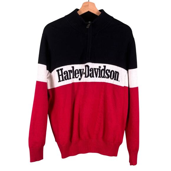 Harley Davidson Men M Color Block Tight Knit Turtle Neck 1/4Zip Darting Sweater - Picture 1 of 9